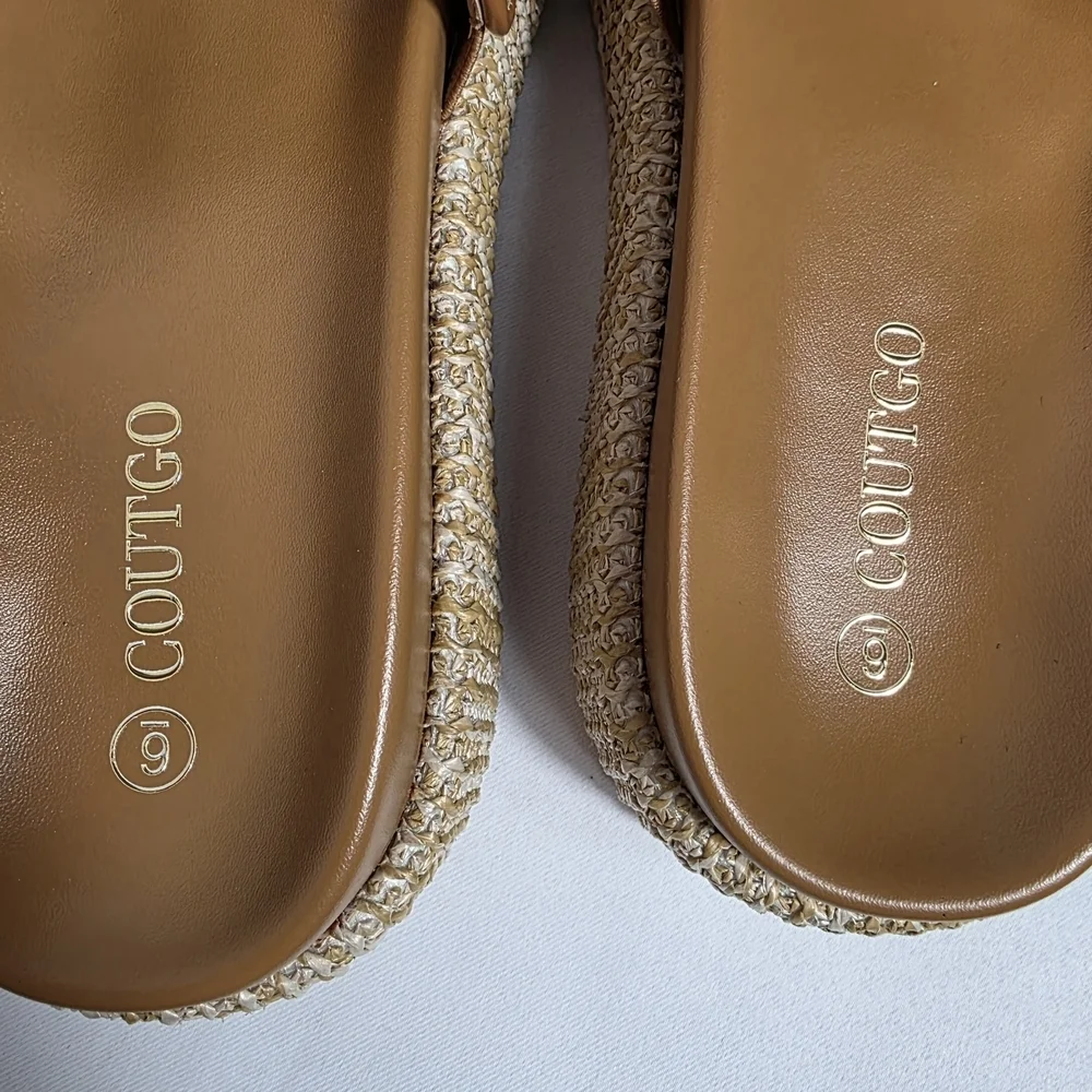 Coutgo Platform Slide Sandals Women Size 6 Woven Raffia Gold Horsebit Summer NEW